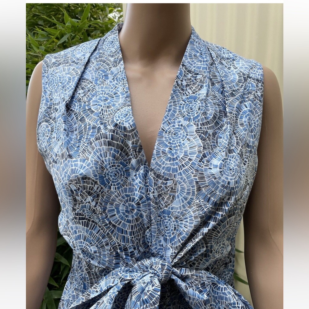 DAVID LAWRENCE Blue Cotton Printed Tie Front Sleeveless Midi Dress - Picture 4 of 14
